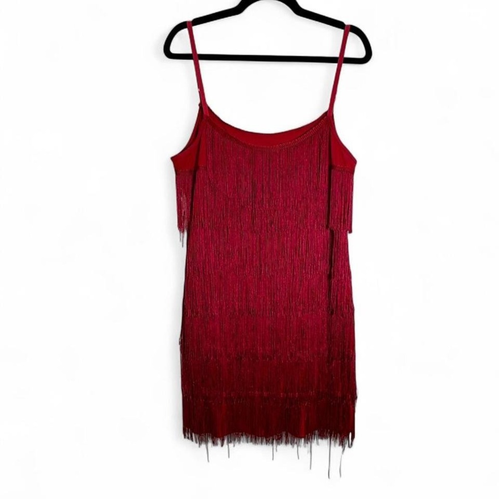 Red 1920's flapper inspired fringe mini dress with adjustable straps Size L